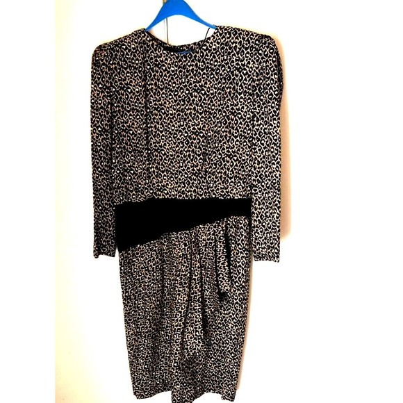 St Gillian Womens Dress Black Leopard Print Ruffles Jewel Neck Long Sleeve 12 - Picture 1 of 8